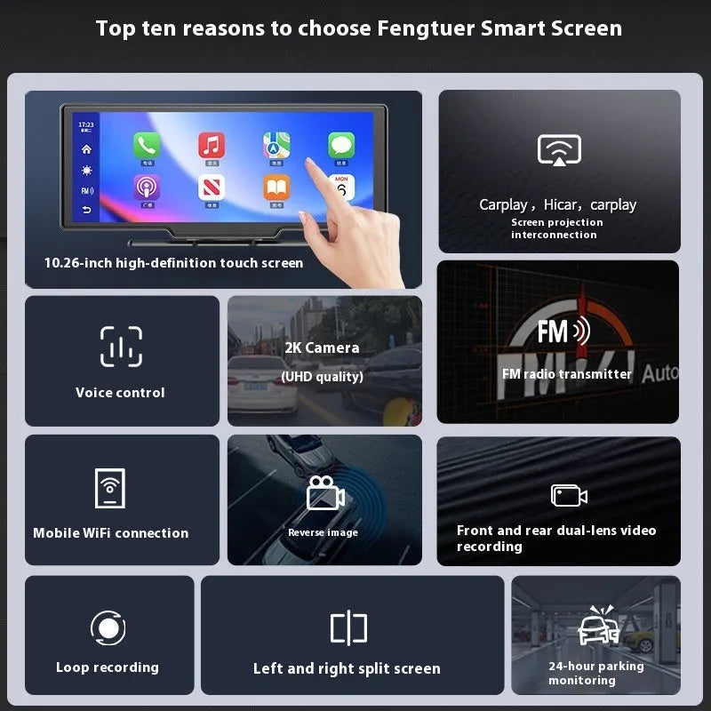 10-inch car smart screen and driving recorder unit with rear camera on dashboard.