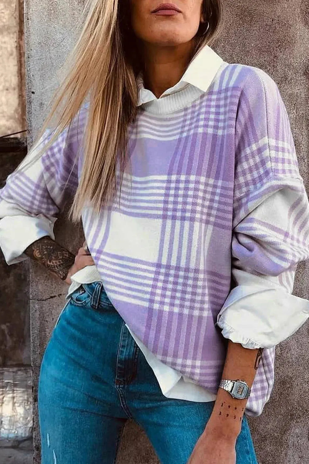 Lilac plaid print loose sweater with ribbed cuffs and long sleeves