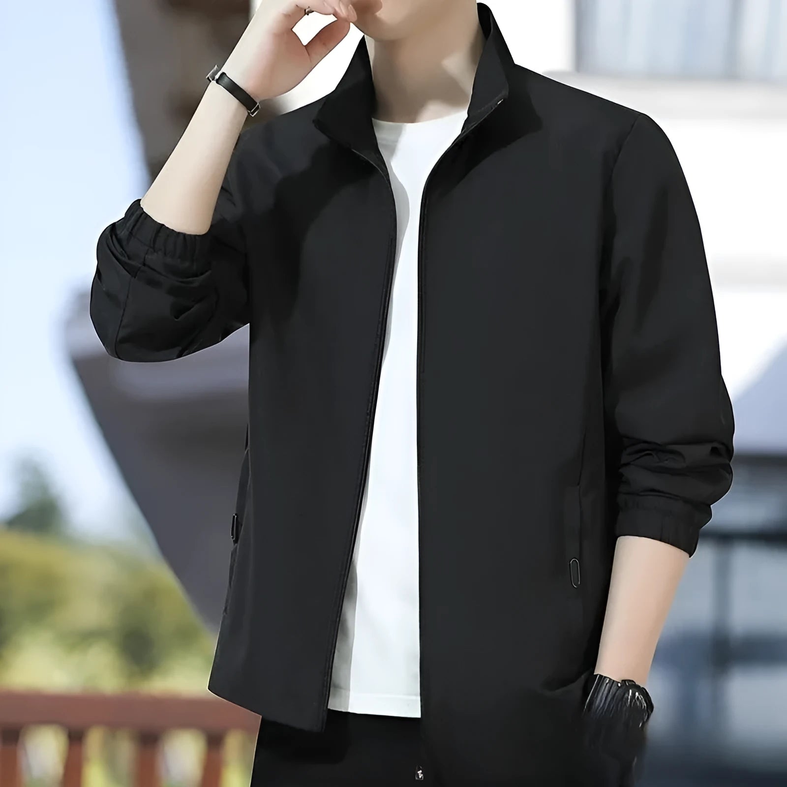 Men's loose fit lapel jacket in Korean casual style shown in black colour