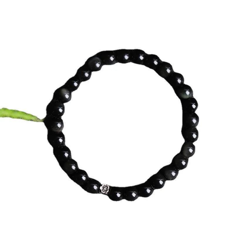 Natural black obsidian bracelet with S925 silver flower accessories and constellation dragon phoenix decorations