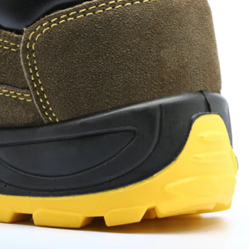 Bronze cow suede unisex safety work boots with a steel toe cap and patterned non-slip sole.