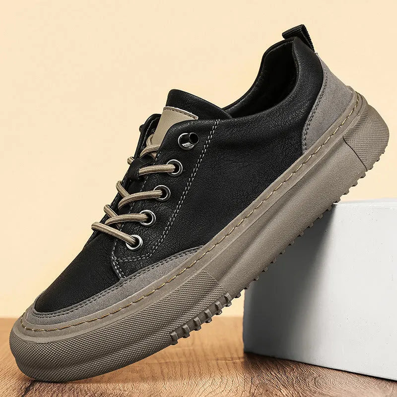 Men's black round toe leather casual shoes with lace-up front on a white background