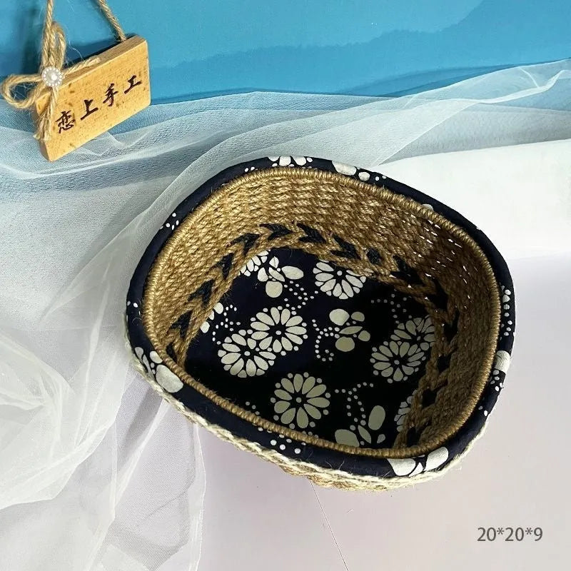 Blue square plastic hand-woven storage basket on a wooden table.