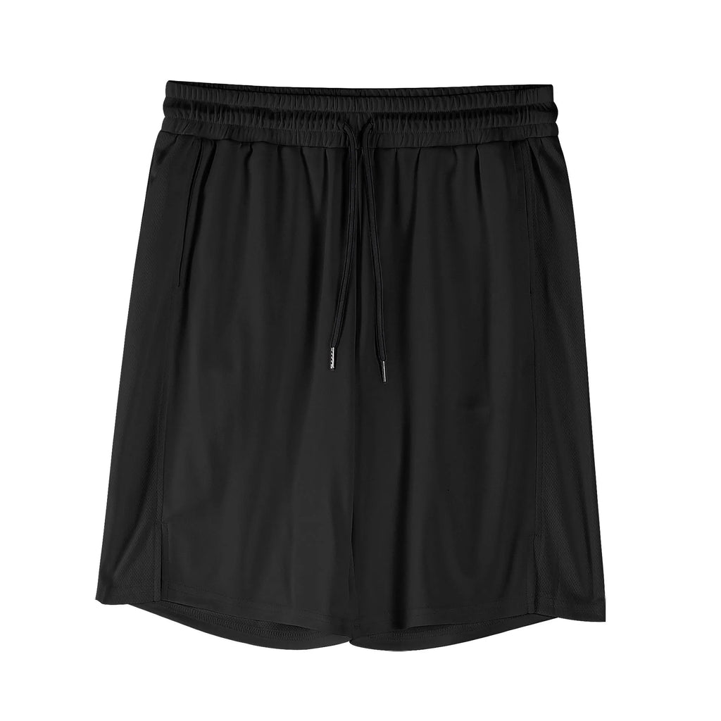 Men's black quick-drying mesh fitness shorts with an elastic waistband, shown in a loose, capri-length style.