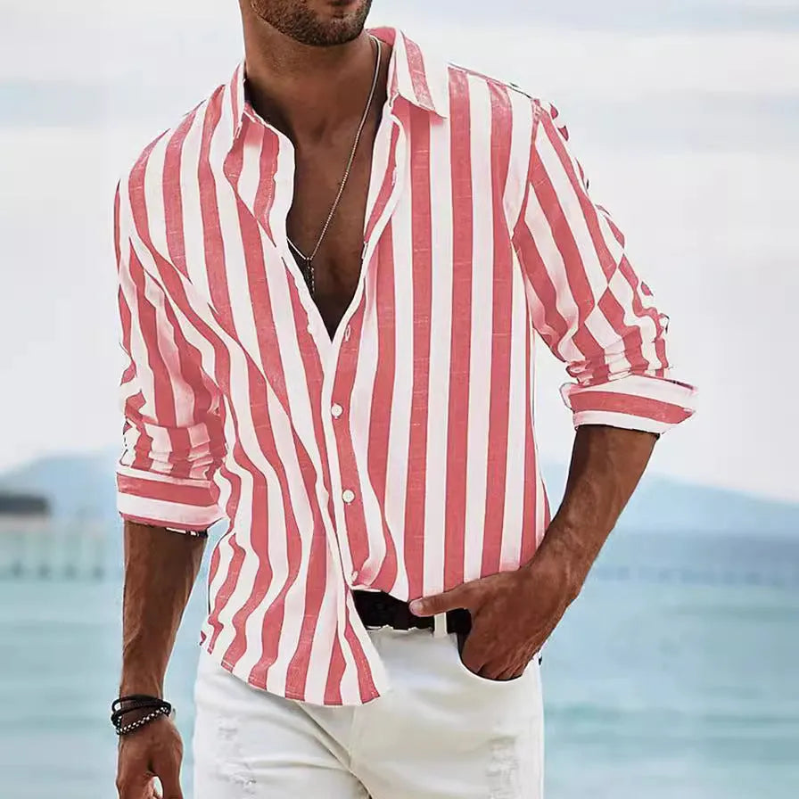 Man wearing a loose fit yarn-dyed striped long-sleeved casual shirt in British cardigan style.