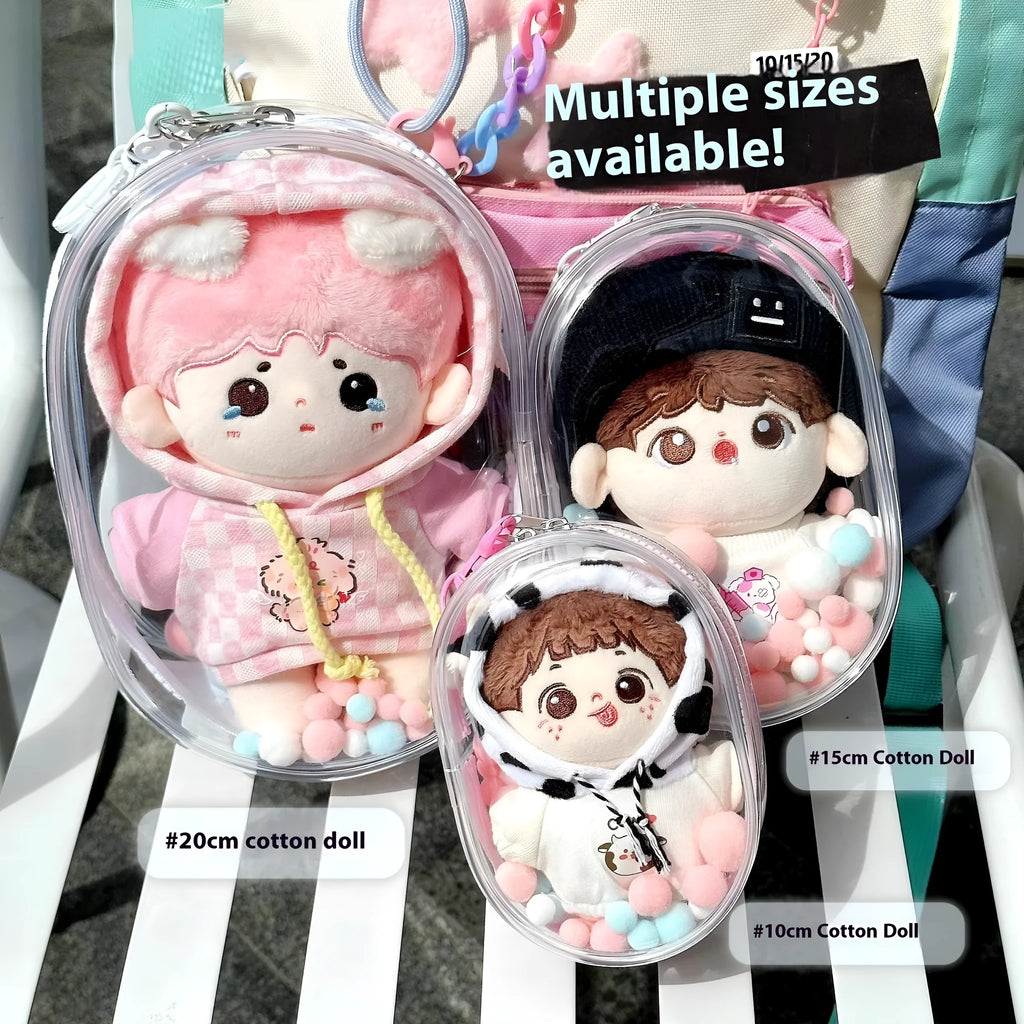17cm PVC cube storage bag for cotton dolls in avocado green colour with keychain option.