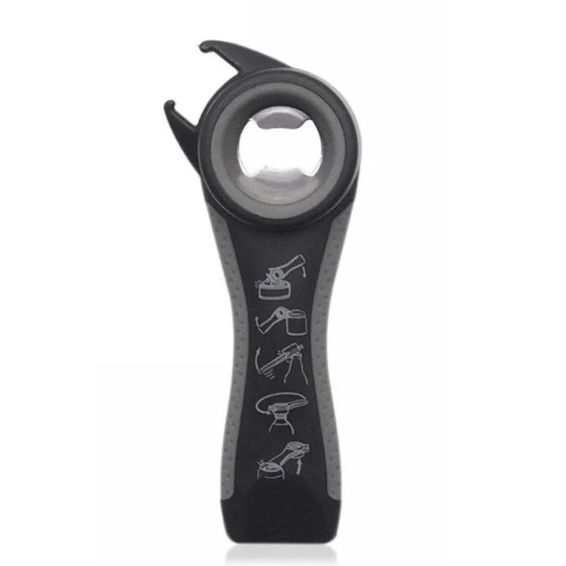 5-in-1 stainless steel can opener and beer bottle opener with black PP handle