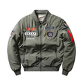 Men's blue retro Harley Davidson motorcycle coat with embroidered patches and stand collar