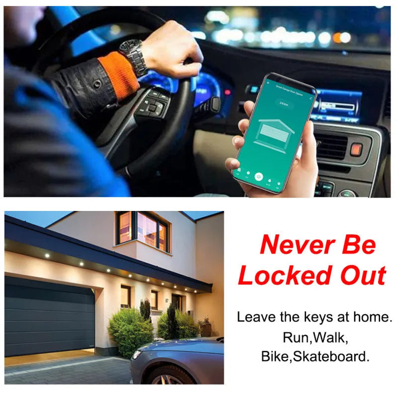 Black plastic smart garage door controller with WiFi and app for remote access and voice control.
