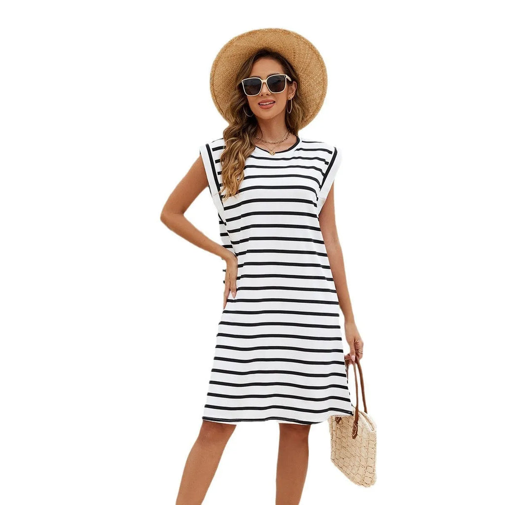 Black and white striped beach cover-up blouse for women with polyester fabric