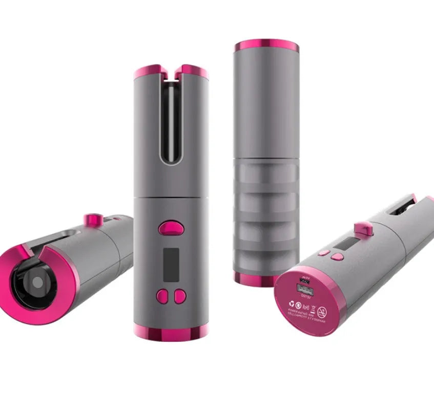 Golden cordless USB rechargeable curling iron with digital display and black flannel storage bag