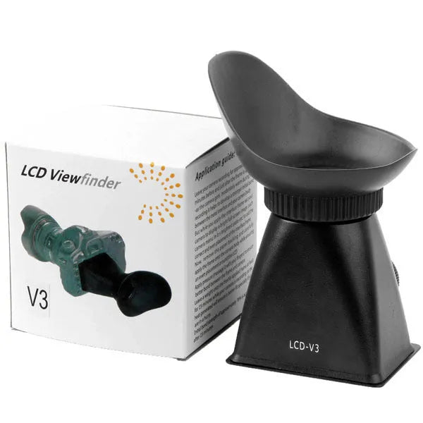 Black camera framing amplifier LCD viewfinder attached to DSLR camera with 2.8x magnification for outdoor shooting