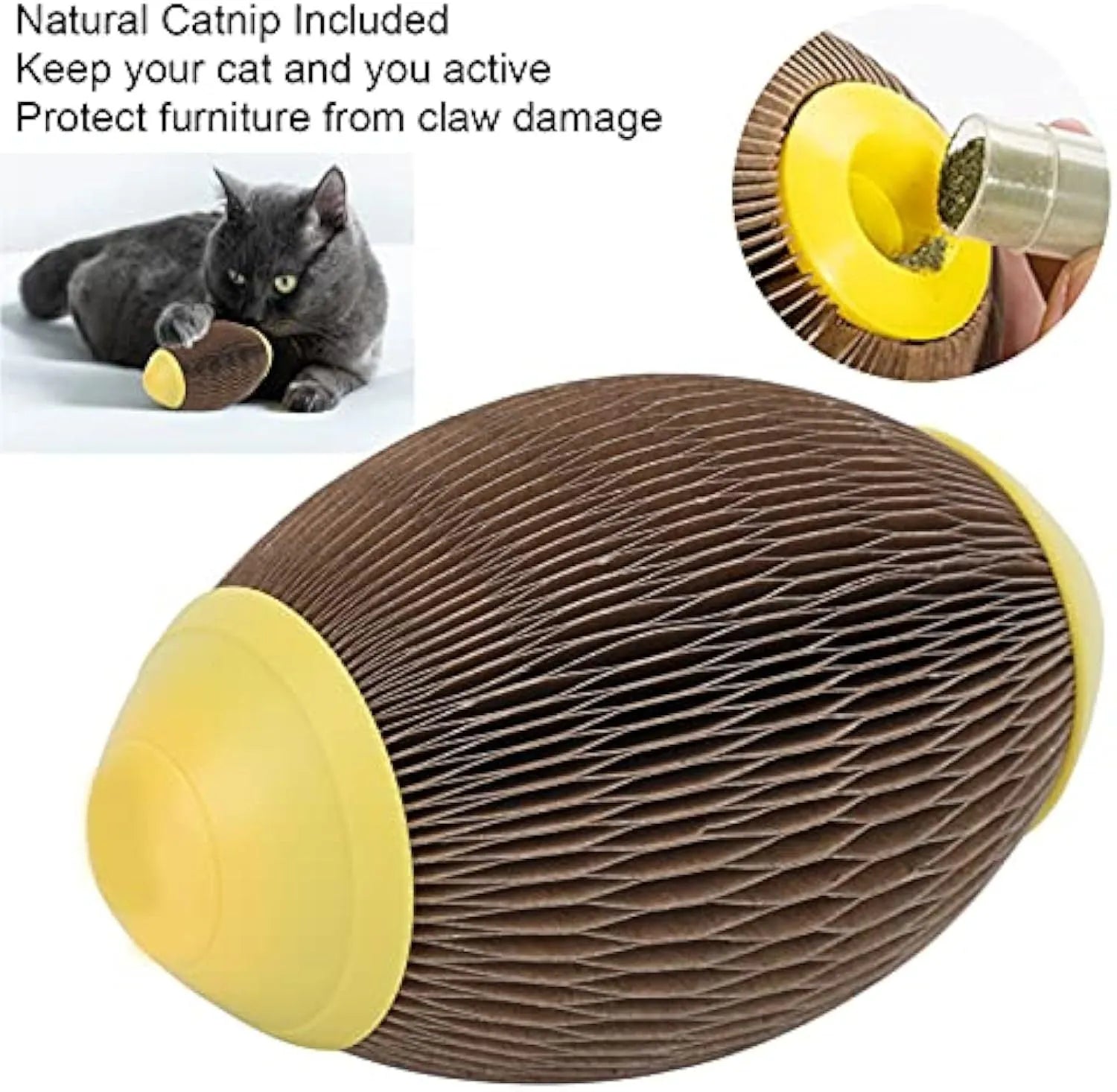 Elliptical corrugated paper catnip ball toy for scratching and kicking play