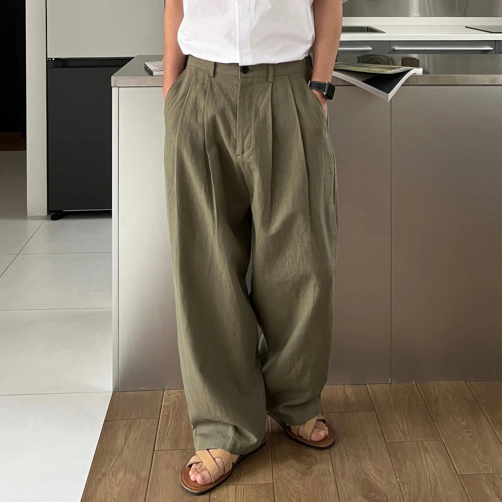 Army Green men's Japanese style leisure trousers with drawstring waist