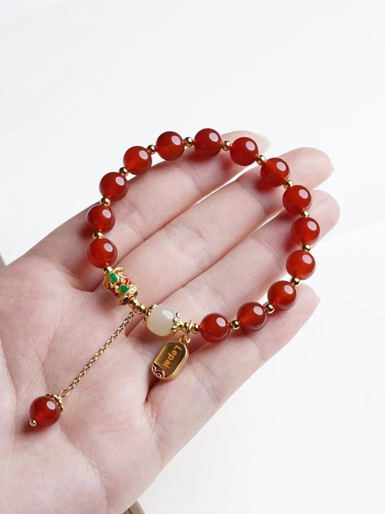 Women's red agate and Hetian jade beads bracelet with gold plating in three design options