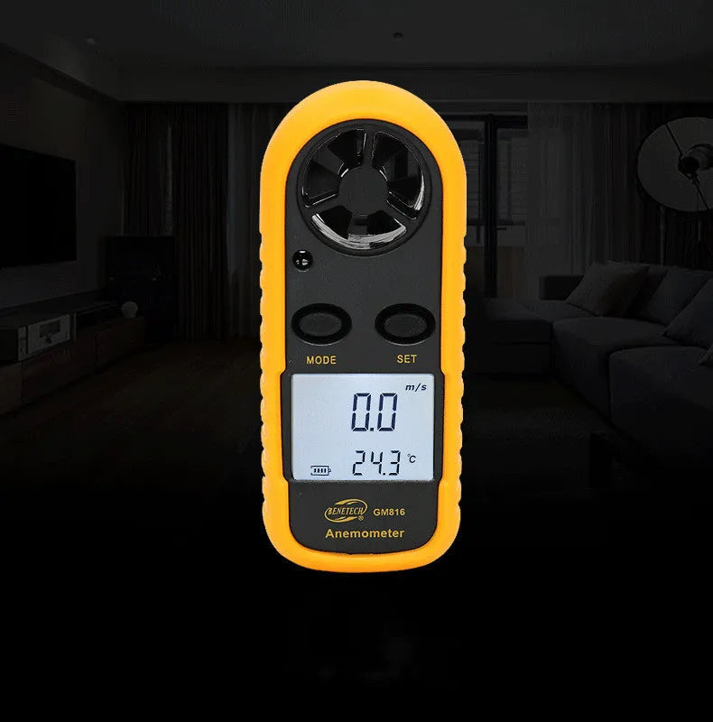 Orange digital portable wind speed measuring instrument anemometer showing compact 105x40x18mm size