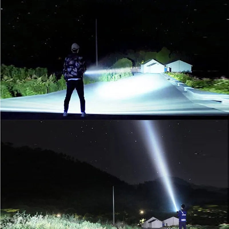 Black aluminium alloy XHP90 LED tactical flashlight showing head and body details.