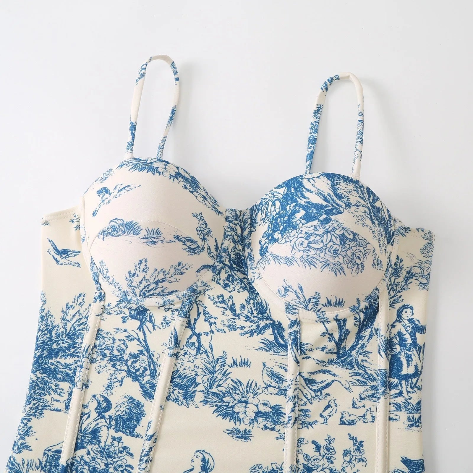 Blue one-piece swimsuit for women with polyester fabric and pattern design