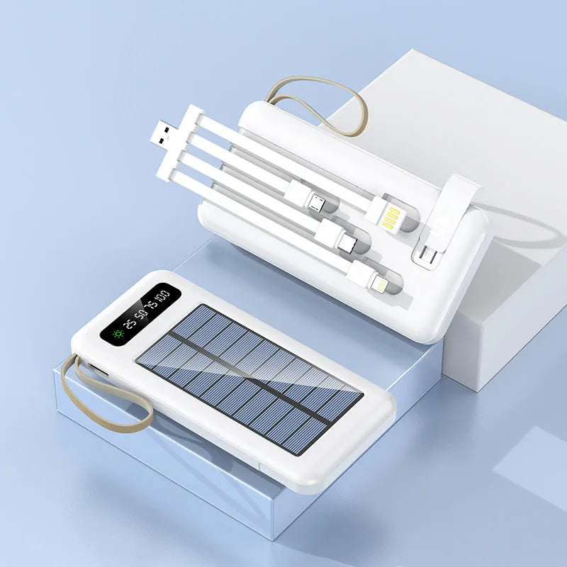 Solar power bank in black or white with polymer lithium-ion cells and solar charging panel
