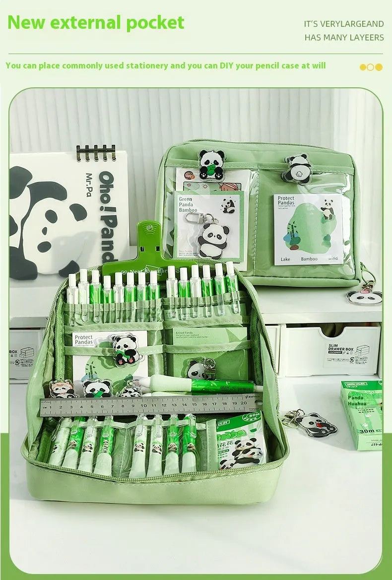 Green canvas panda pencil case with 12 zippered layers for stationery organisation