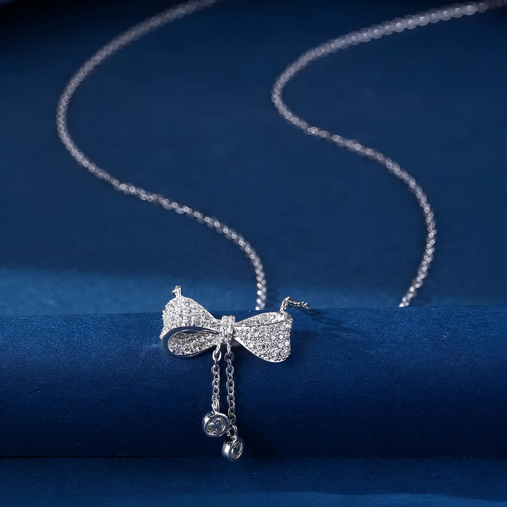 S925 sterling silver clavicle chain necklace with bow pendant on adjustable 40cm-45cm chain