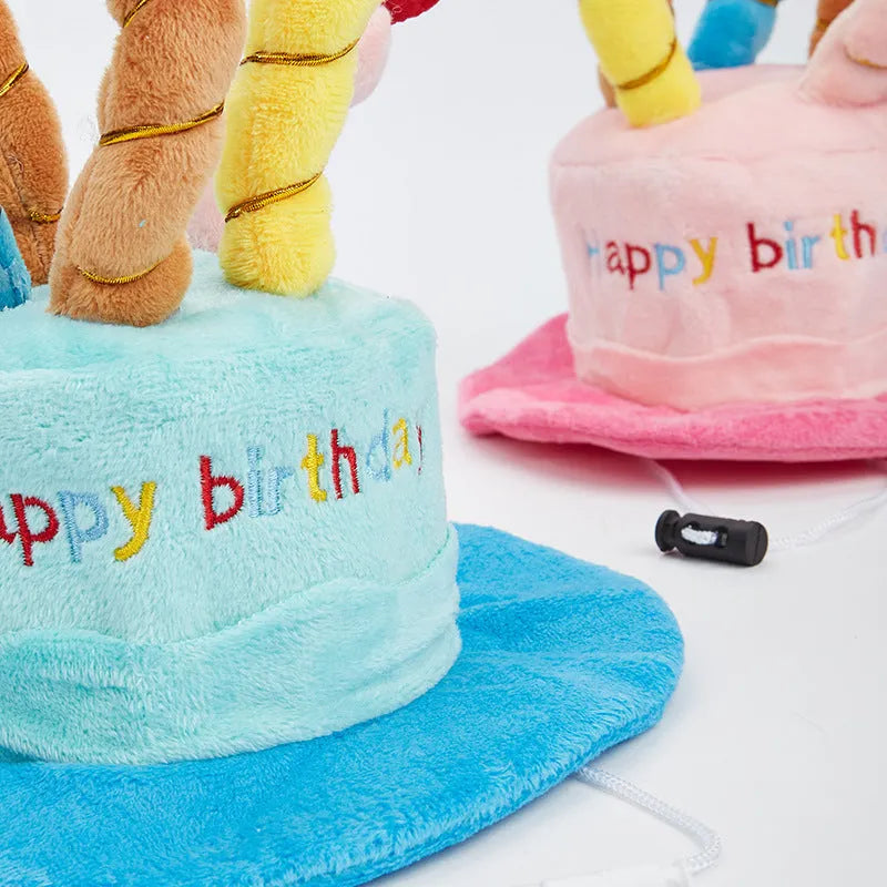Adjustable dog birthday hat for small breeds in pink or blue colour with elastic strap