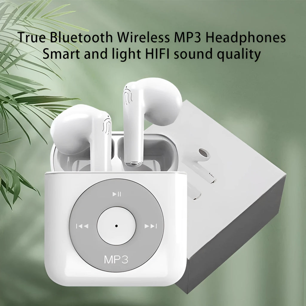 White wireless Bluetooth semi-in-ear earphones with a charging case on a white background.