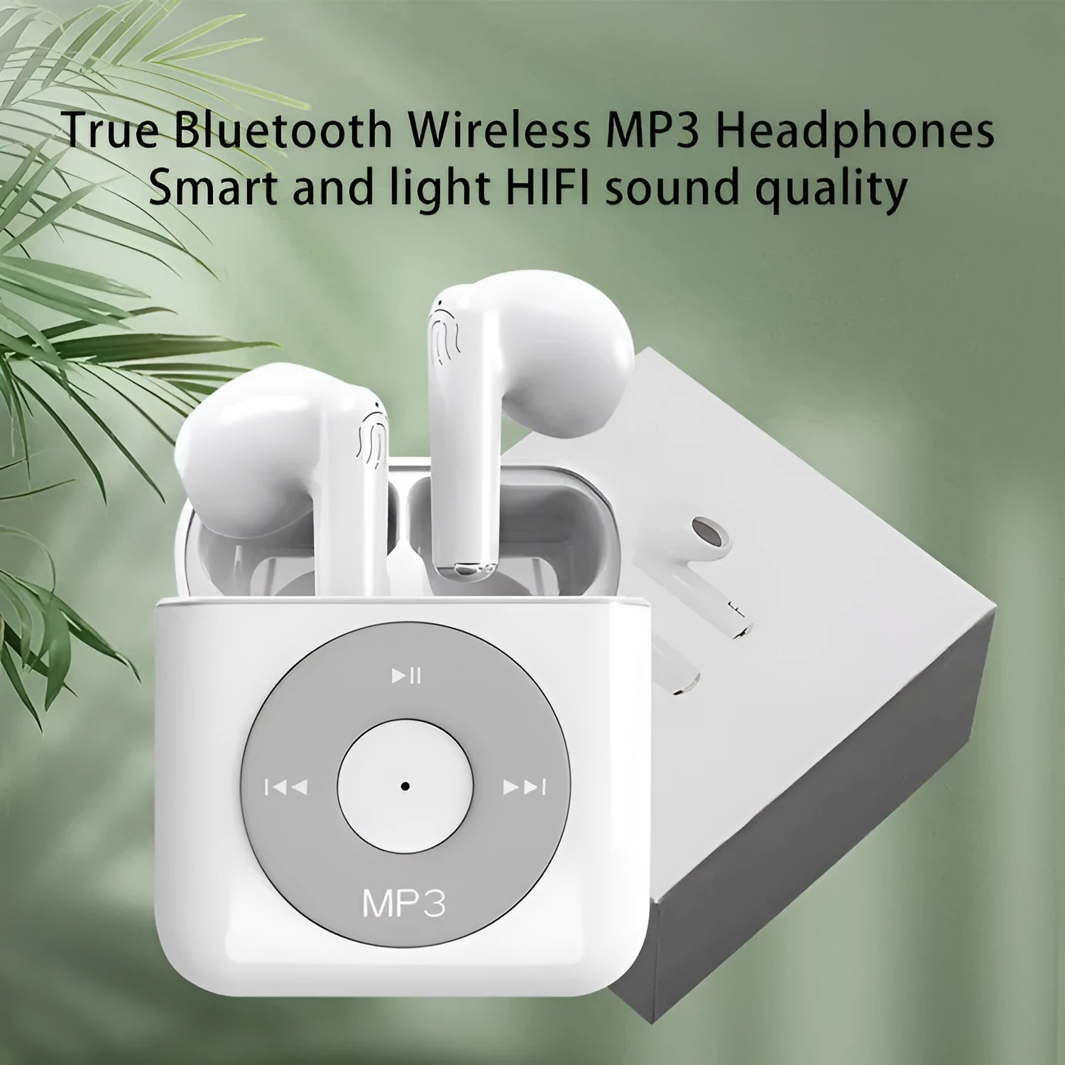 White wireless Bluetooth semi-in-ear earphones with a charging case on a white background.