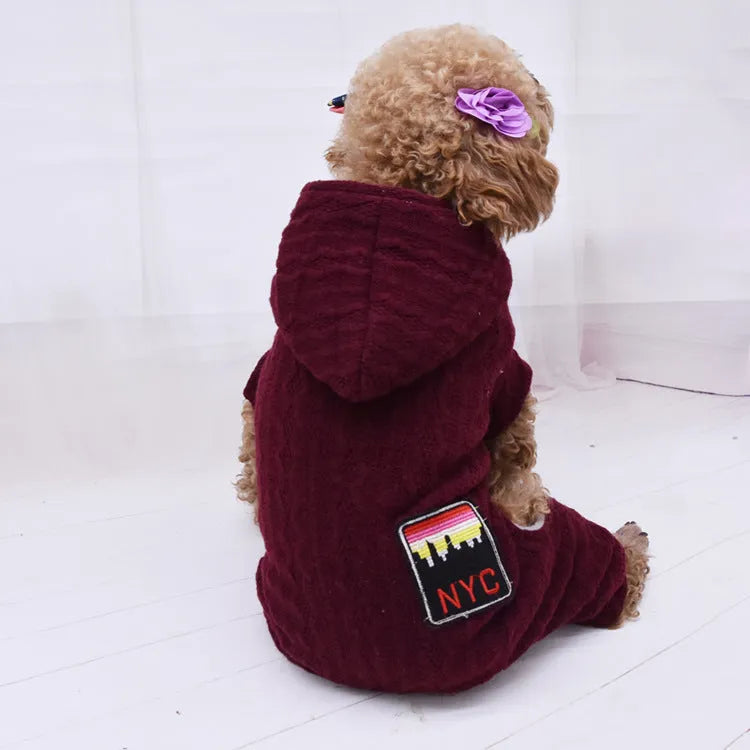 Four-legged thick pet clothes in green with sweater and velvet lining for dogs casual fit