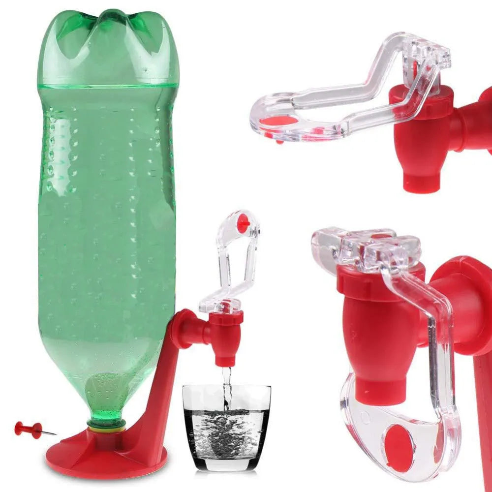 Red Magic Tap soda dispenser attached to inverted 2-litre bottle for push-button drink serving