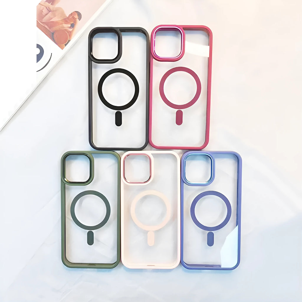 Transparent silicone magnetic phone case for iPhone on a table, showing MagSafe ring and colour options.