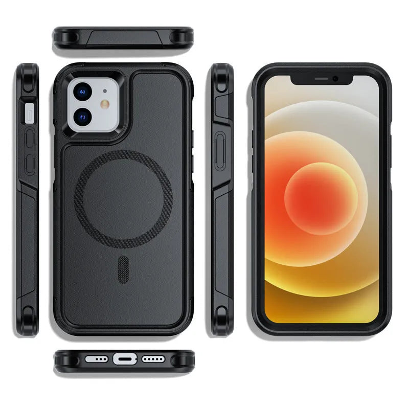 Black shatterproof magnetic phone case for iPhone 12 and 13 series showing front and back views