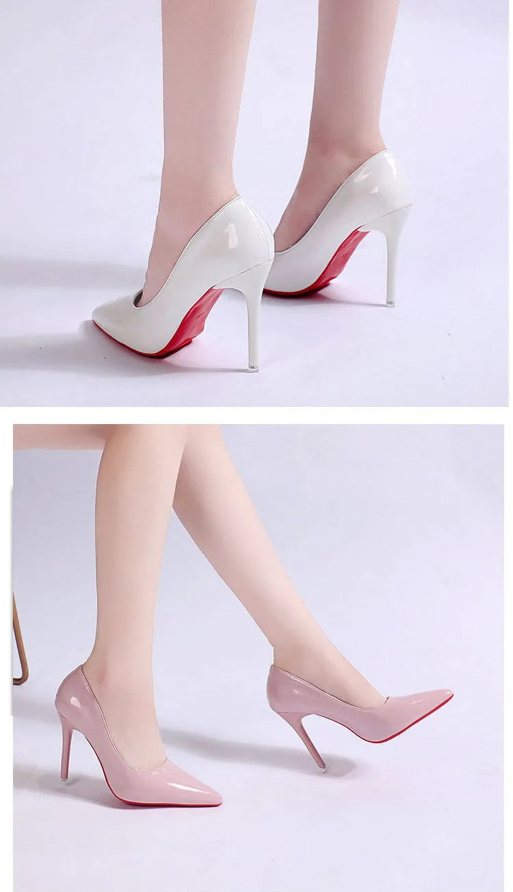 Women's solid colour stiletto heel court shoes with pointed toe and shallow cut design.