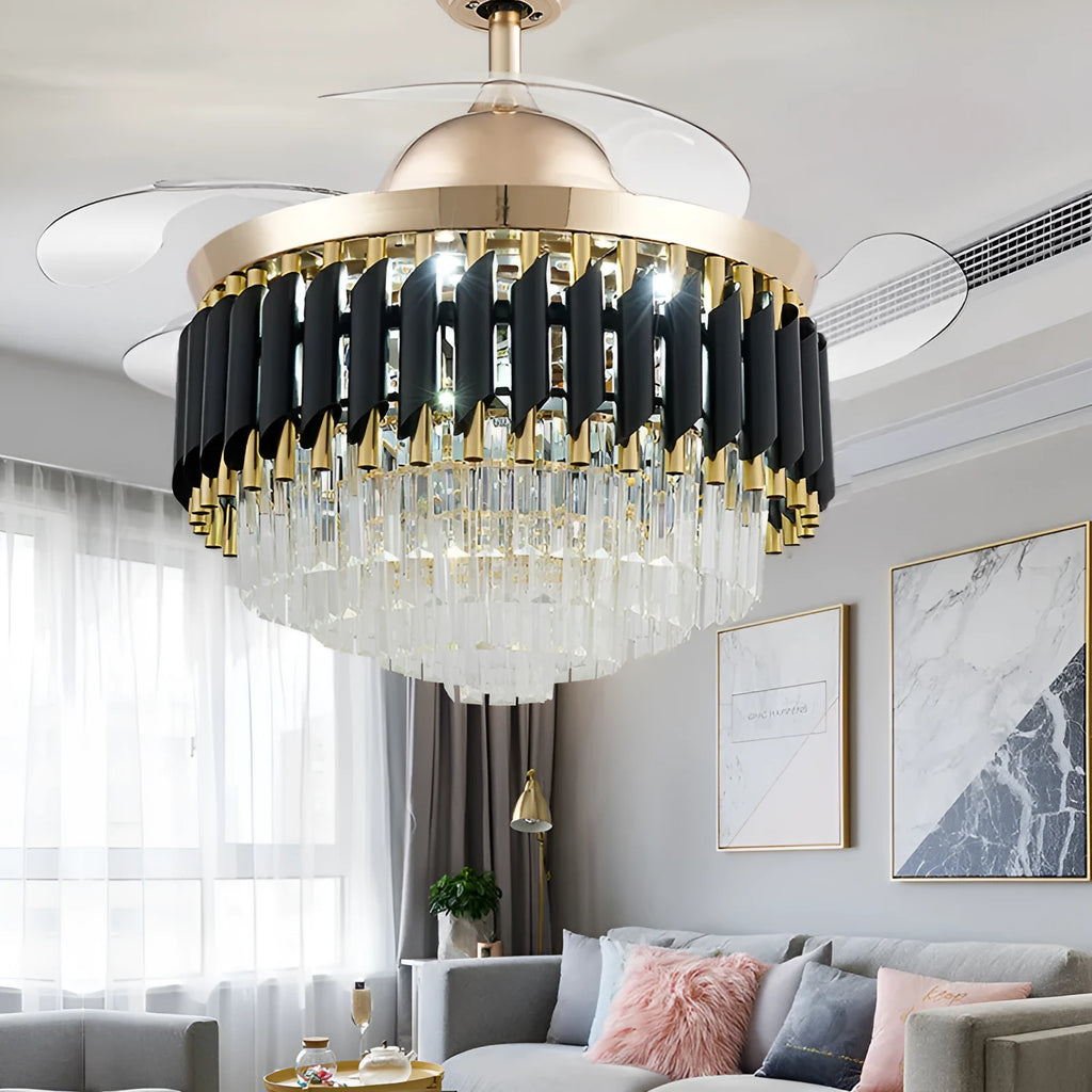 Ceiling fan light with crystal lampshade and wooden fan blades in 42 inch or 48 inch sizes