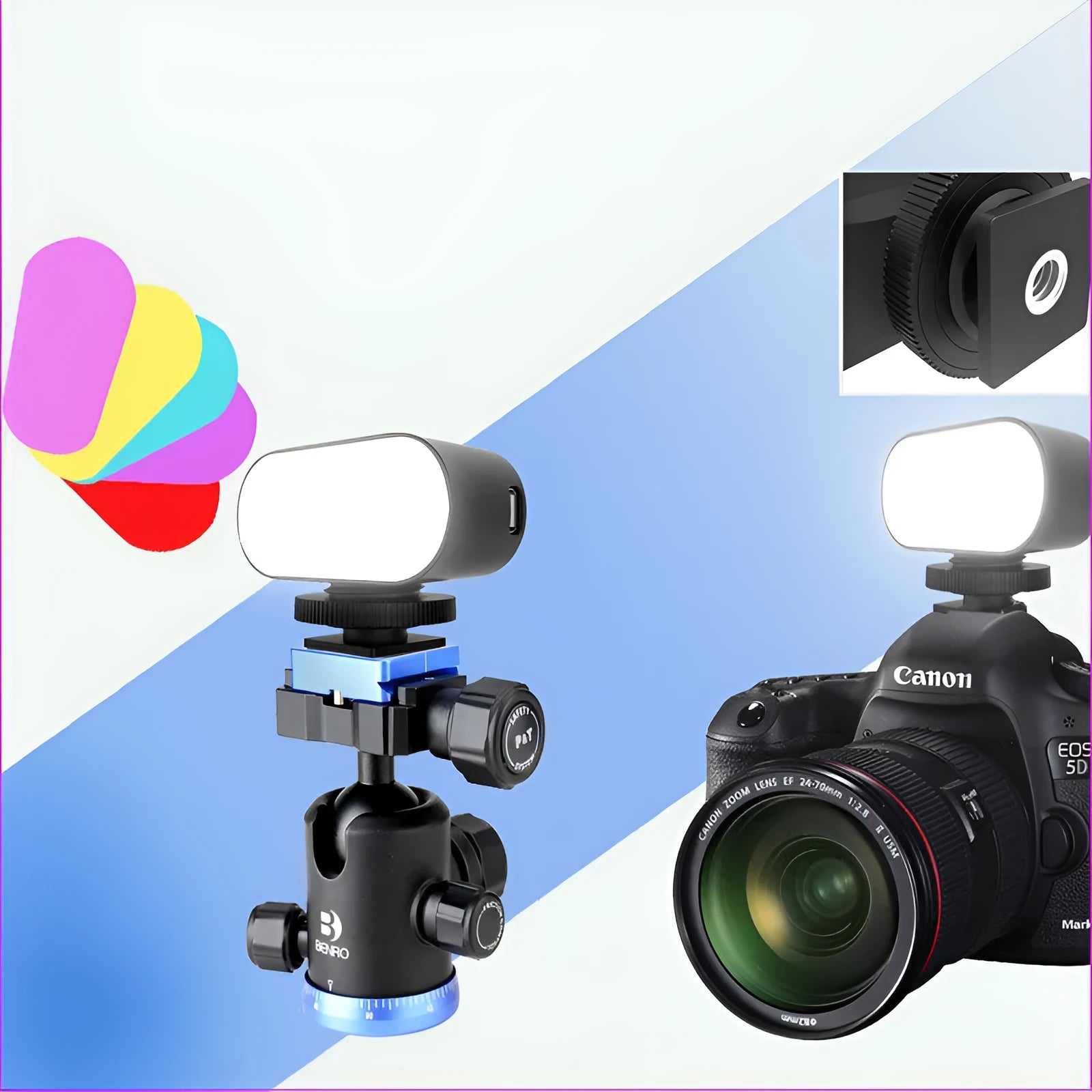 ST-30 black mobile phone fill light with digital display and cold shoe mount on a stand