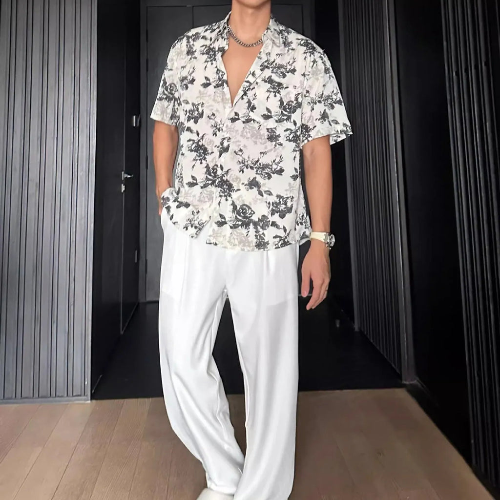 Printed floral pattern short sleeve shirt in loose cardigan style