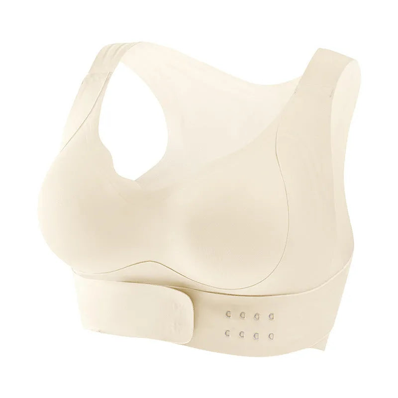 Women's front buckle cross back yoga sports bra in black, white, and nude colours
