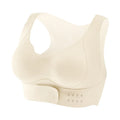 Women's front buckle cross back yoga sports bra in black, white, and nude colours