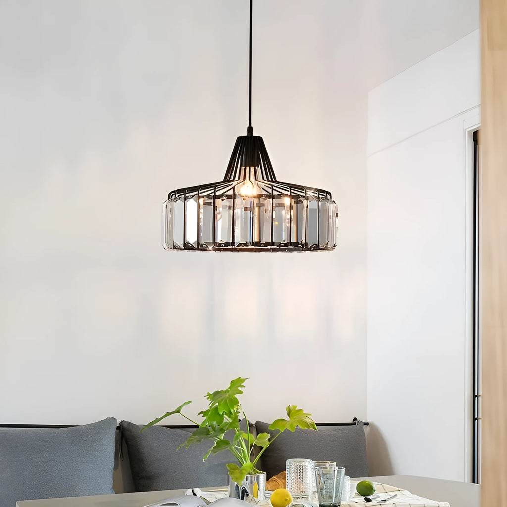 Modern crystal chandelier droplight with LED lights in black or gold finish, available in 18cm, 25cm, and 32cm sizes.