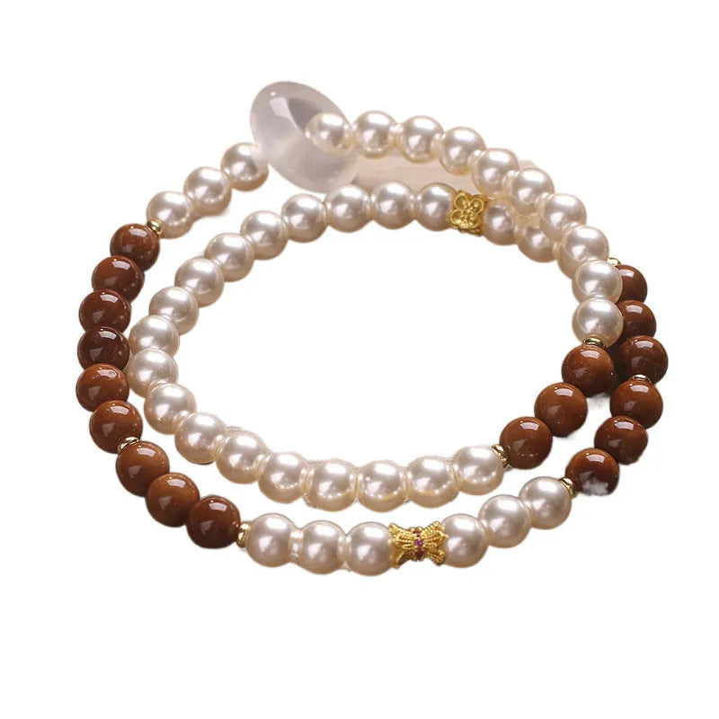 Natural white freshwater pearl double-circle flexible ring bracelet with crystal beads, 34cm length