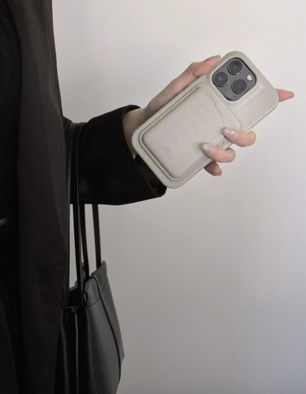 Cream grey patterned faux leather phone case with anti drop protection for iPhone