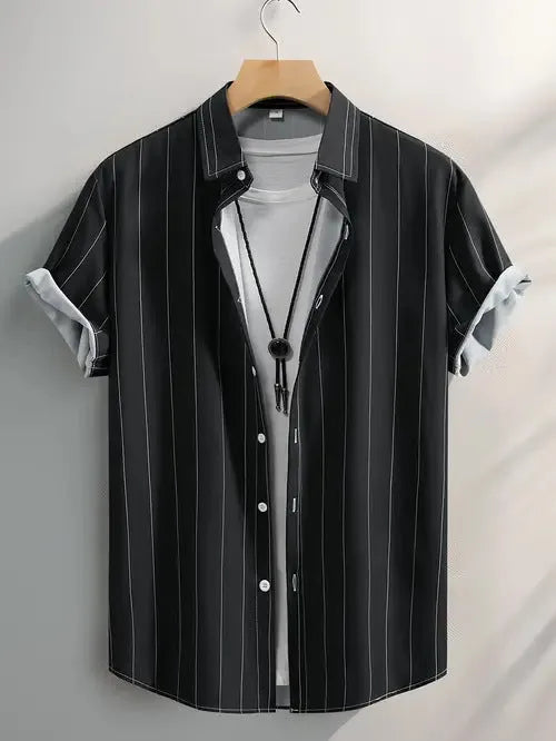 Men's striped short sleeve shirt with stand collar in loose cardigan style for summer