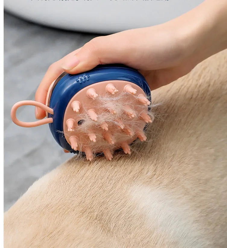 Blue and green pet grooming brush with shampoo dispenser and silicone massage bristles for dogs and cats