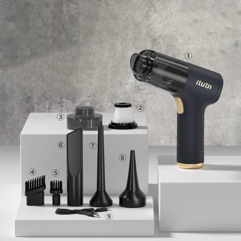 Black wireless handheld car vacuum cleaner with air pump function and multiple attachments