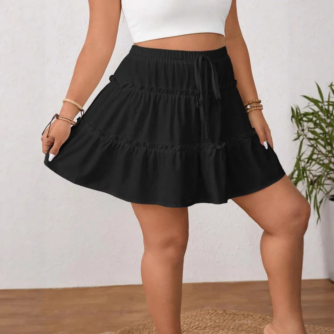 White lace-up A-line pleated skirt with adjustable waist and short length