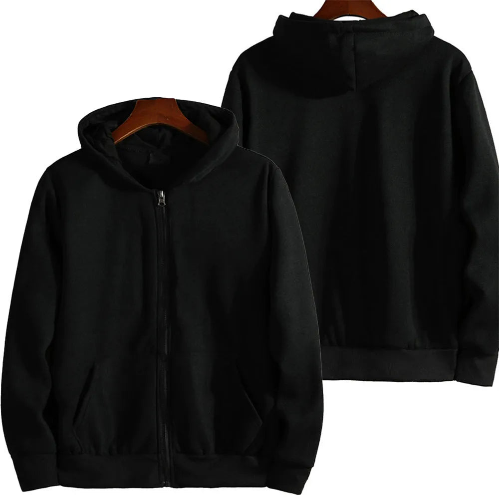 Men's loose fitting solid colour zip-front sports jacket cardigan on a hanger