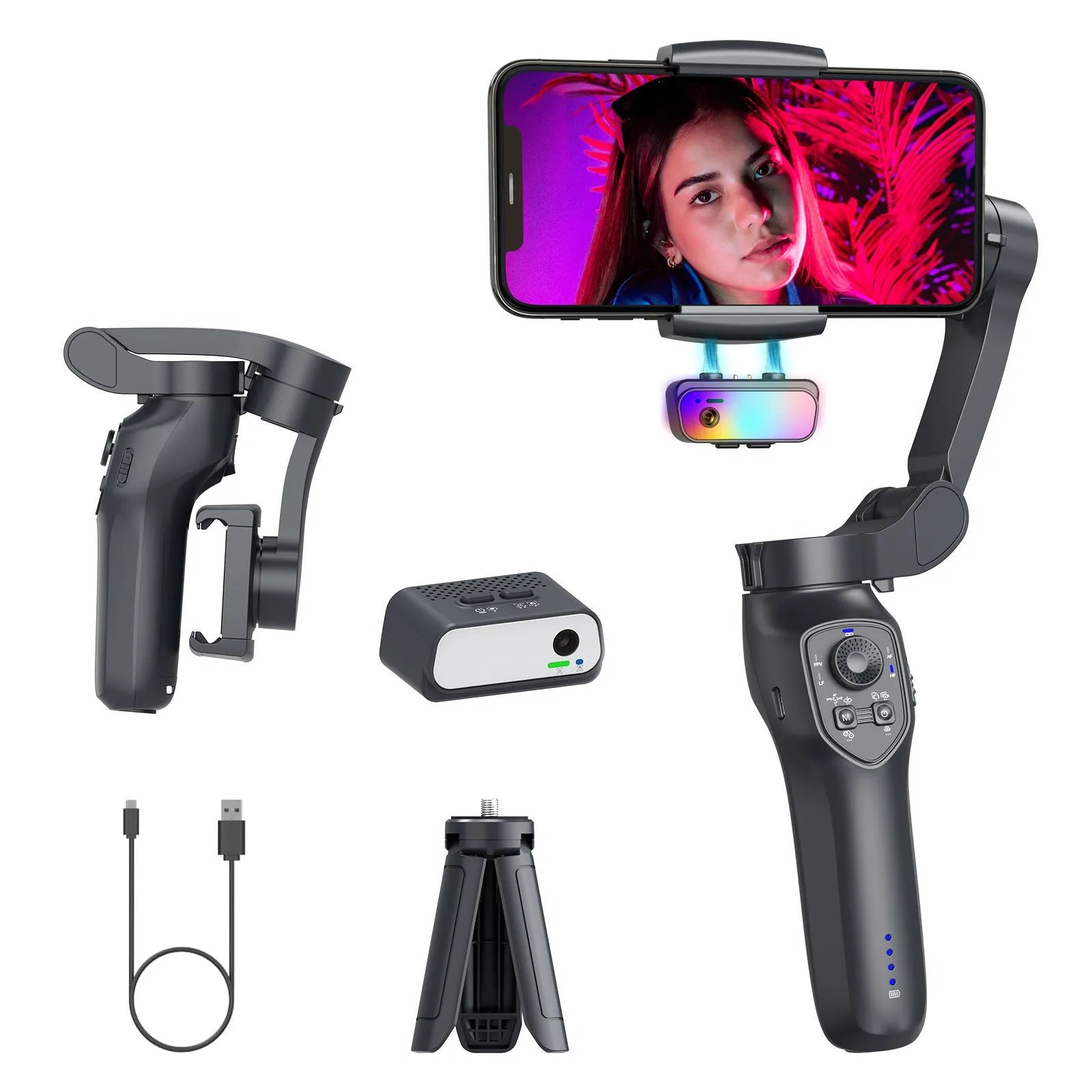 Foldable handheld camera stabiliser head in gun colour with gimbal system and USB charging port
