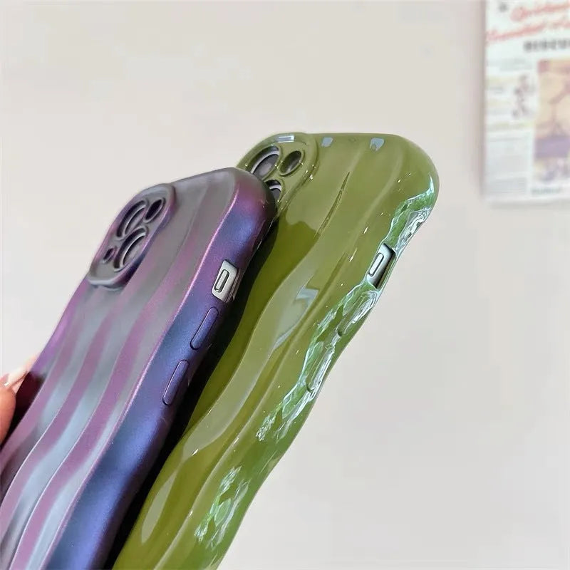 Soft silicone iPhone 17 phone case with water ripple pattern in beige, burgundy, green, silver, or purple colour.