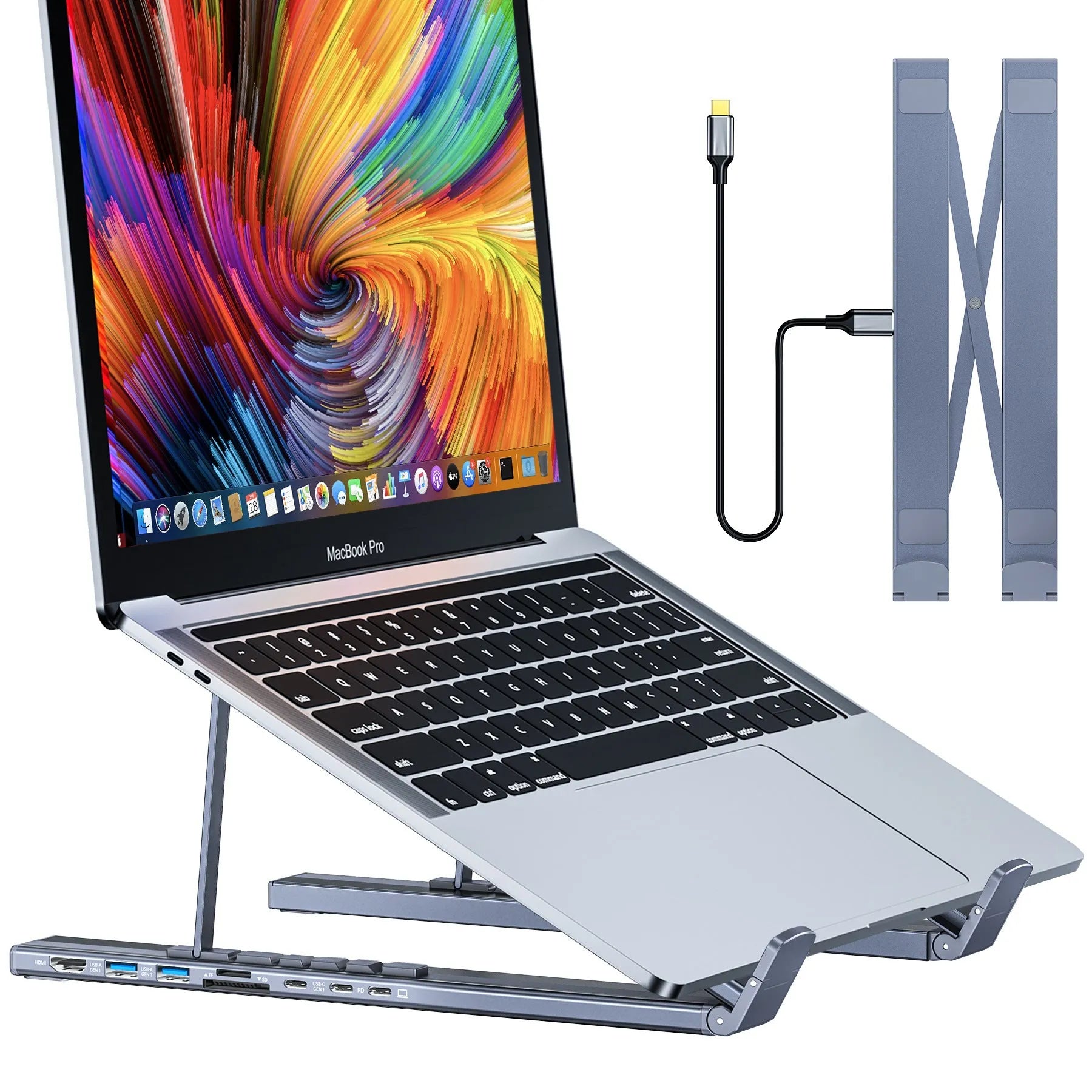 Aluminium folding laptop docking station showing 8-in-1 ports and raised stand.