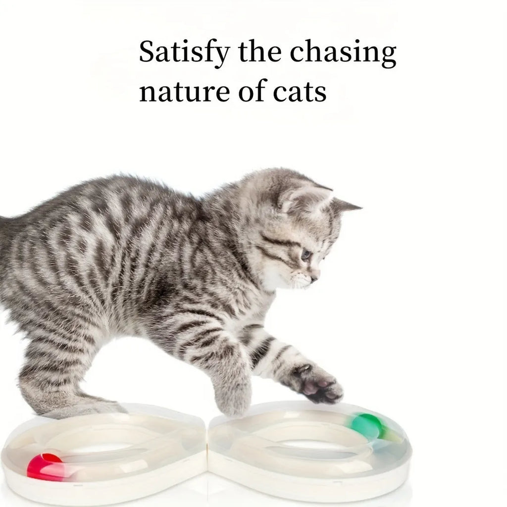 Blue and white plastic cat turntable track toy with balls and a feather teaser wand.